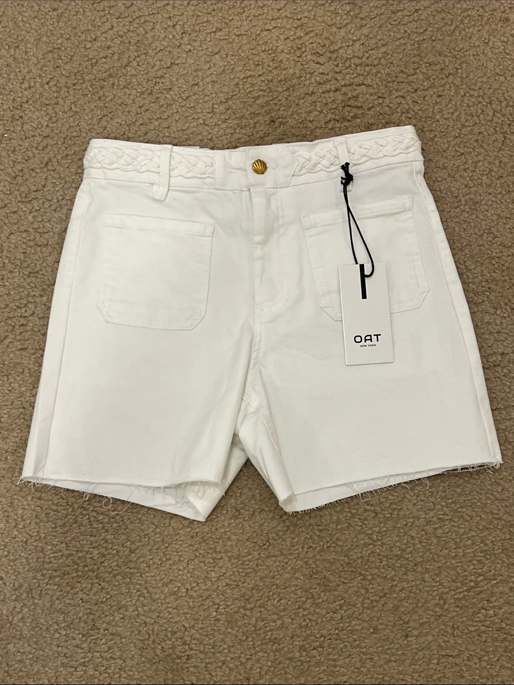 Oat New York White Braided-Waist Denim Shorts with Patch Pockets